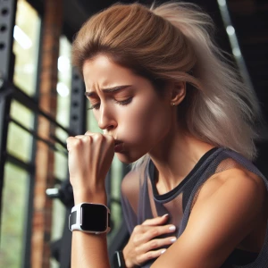 Young blonde woman at the gym coughing and wearing a watch