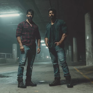 Scene Description:
Two rugged men stand confidently in a dimly l...