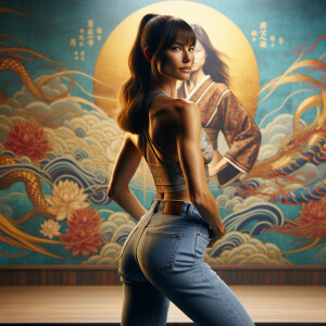 Athletic Thin skinny Attractive, Asian teenage girl, long brown hair and bangs, wearing tight skinny jeans and a halter top paint marks on her clothing, heroic pose Asian graffiti background, backside view