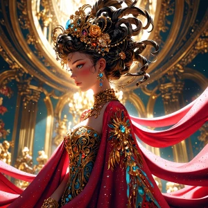 A lavishly adorned figure, adorned in intricate golden filigree...