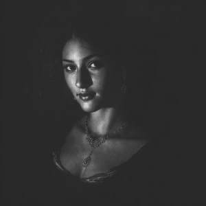 Mona Lisa, noir style portrait, ultra-realistic, cinematic black...