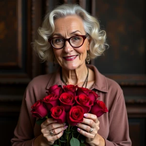 A photo of stylish old money woman with roses and hearts