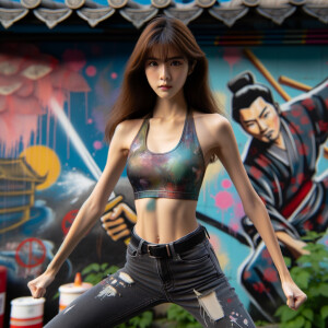 Very thin Athletic Thin skinny Attractive, Asian teenage girl, long brown hair and bangs, wearing tight skinny jeans and a halter top paint marks on her clothing, sitting side view heroic pose Asian graffiti