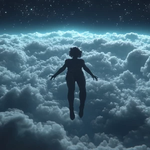 Please generate a black person floating above the clouds at nigh...