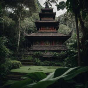 Theravada Buddhist temple located in bali surrounded by lush gre...