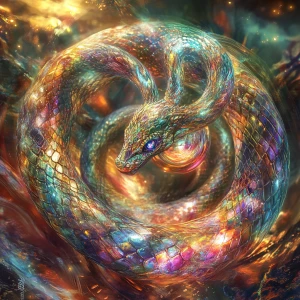 A whimsically twisting quantum serpent, its shimmering scales re...
