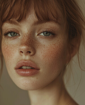 Photorealistic portrait of a young woman with freckles, soft nat...