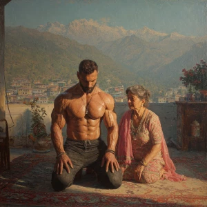 Hyperrealism,sharp painting,A man muscular beefy sweaty doinga y...