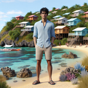 Create a 3D rendering of a young Filipino man inspired by gospel...
