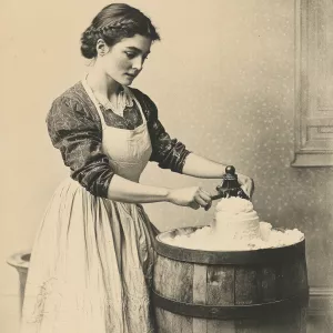Woman hand cranking ice cream in an original small wooden bucket...