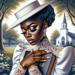 Render an airbrush oil painting of an African American woman with flawless makeup in a
contemplative pose, holding a Bible close to her heart, dressed in an elegant Sunday Best
outfit with a distinctive Church Hat. The background features a peaceful church garden,
with light filtering through the trees, highlighting her spiritual connection and the personal
moment of reflection. The artwork should capture the tranquility of the scene, the beauty
of her attire, and the depth of her contemplation, reflecting a serene and spiritually