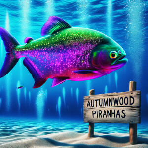 Purple neon green piranha in the ocean.  There is a sign that sa...