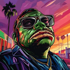 MEME PEPE in GTA art style, , in the style of a Grand Theft Aut...