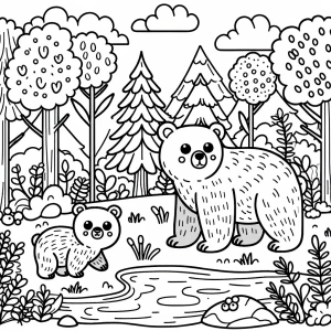 Create a coloring page design with thick lines, featuring a bear...