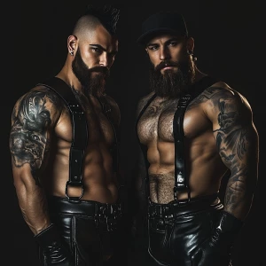 Generate an image depicting two muscular, tattooed men side by s...