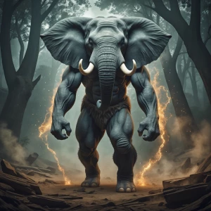 A colossal, gray elephant standing in a mystical, ancient forest...
