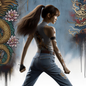 Attractive, Asian teenage girl, long brown hair and bangs, wearing tight skinny jeans and a halter top paint marks on her clothing, backside view heroic pose Asian graffiti