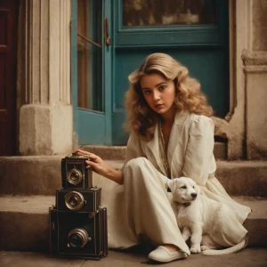 tor:

“A medium-sized white dog with a chubby build, lying on a...