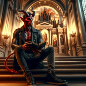 A digital airbrushed illustration of a beautiful Demon , sitting...