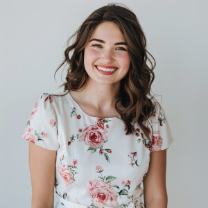A cute woman

Smiling 

Clothes: Floral Dress

Looks Clean & Mod...