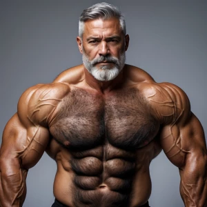 The image shows a middle-aged man with a muscular, hairy physiqu...