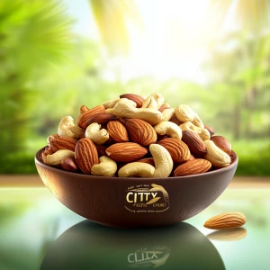 Create an image featuring a bowl of assorted nuts on a reflective surface. The background should be blurred with greenery, similar to a garden setting. Include text in Bengali that translates to 'Are you enjoying nuts?' and incorporate a logo indicating the product is from City Group. Ensure the overall color scheme and composition are attractive and inviting, similar to a refreshing and healthy lifestyle advertisement