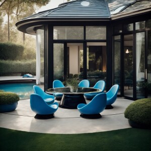 A luxurious modern house with a stylish backyard featuring a cir...