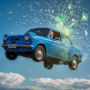 A blue car is flying in the air with green colored sparklers and...