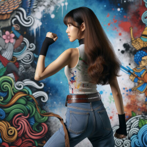 Attractive, Asian teenage girl, long brown hair and bangs, wearing tight skinny jeans and a halter top paint marks on her clothing, backside view heroic pose Asian graffiti