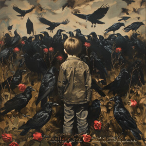 A lonely boy, surrounded by crows and dead roses