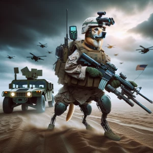 You are a graphic designer who works in a cinematic style, create me a realistic image of a dog playing the role of a United States marine. The dog is standing up on two hind legs like a human, wearing full marine armor. He is toting M16 rifle with a night vision camera on the helmet. He is walking on the desert, behind is a running Hum V following him. This image is created in high definition.