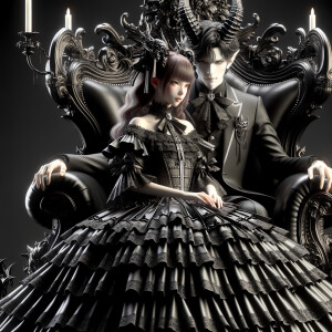 A beautiful girl named lilith with gothic lolita dress sit on the lap of handsome Lucifer with black horn, elegant and epic scene, sitting on the thrones, 3D, humanlike, high res