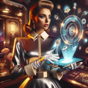 A beautiful woman in a vintage-inspired jumpsuit, her hair styled in classic waves, holding a small, chrome-colored tablet that displays floating holographic images