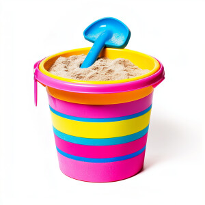 Show a bright whimsical colorful beach bucket with a shovel, fil...