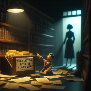 "A dimly lit stop-motion library archive, where a lone miniature student figure sits frozen mid-reach, hand hovering over an old file. The folder is labeled ‘SGA Election Records – Classified.’ The glow of a flickering desk lamp barely illuminates yellowed newspaper clippings and handwritten notes. In the background, a tall, shadowed figure stands perfectly still in the doorway, watching silently. The tension is palpable—the moment of discovery, but also impending danger."