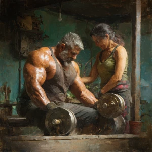 Realism photo art,A  muscular beefy sweaty kashmiri man doing wo...