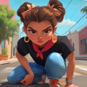 girl with brown hair, thick eyebrows, pumped up lips, potato nos...