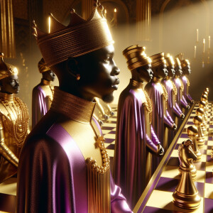 3-D realistic oil, painting, Oh a gold, and purple human chessbo...
