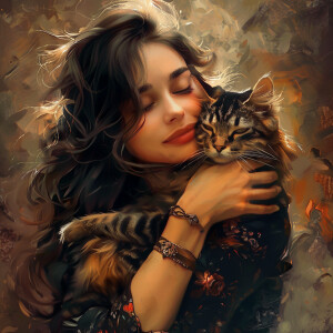 An erté type of drawing with the woman holding a cat