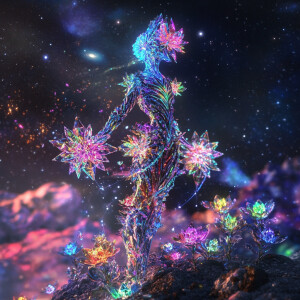 A shimmering metallic alien made with intricate crystal flowers...