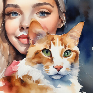 Create a watercolor style portrait of a cute cat and a dog