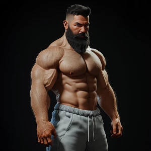 The image features a muscular, bearded man with a strong, well-d...