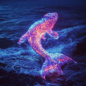 A grotesquely beautiful mermaid creature floats above the ocean...