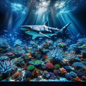 Create an image of a distinguished shark gliding effortlessly am...