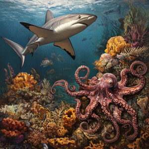 Create a scene where a shark swims gracefully through the ocean...