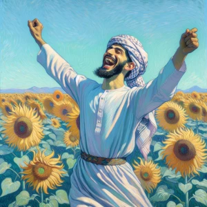 a man laughing and dancing around sunflower field