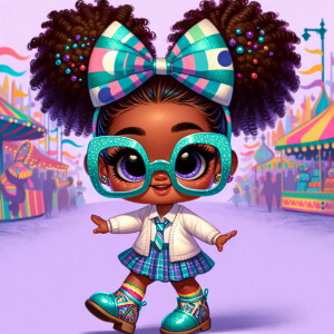 A chibi-style image of an African American 3-year-old girl, stan...