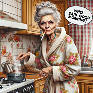 A whimsical realistic grumpy elder lady with wrinkles with her h...