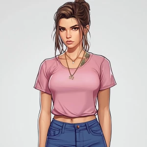 Lucia from GTA. girl with brown hair, big eyebrows, pumped up li...