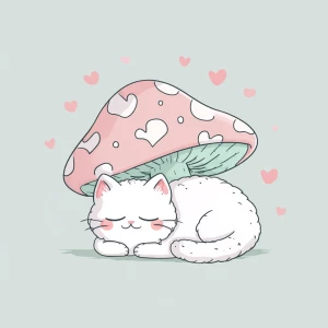 cute chubby white cat sleeping under a pastel pink mushroom with...